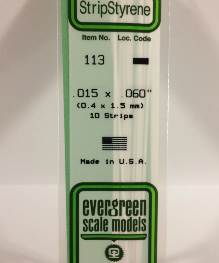 Evergreen Scale Models Evergreen 113 - .015" X .060" X 14" OPAQUE WHITE POLYSTYRENE STRIP (10) Pack