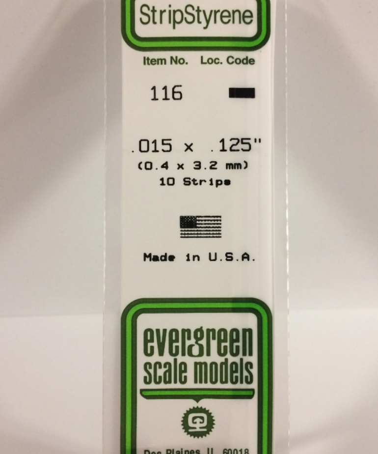 Evergreen Scale Models Evergreen 116 - .015" X .125" X 14" OPAQUE WHITE POLYSTYRENE STRIP (10) Pack