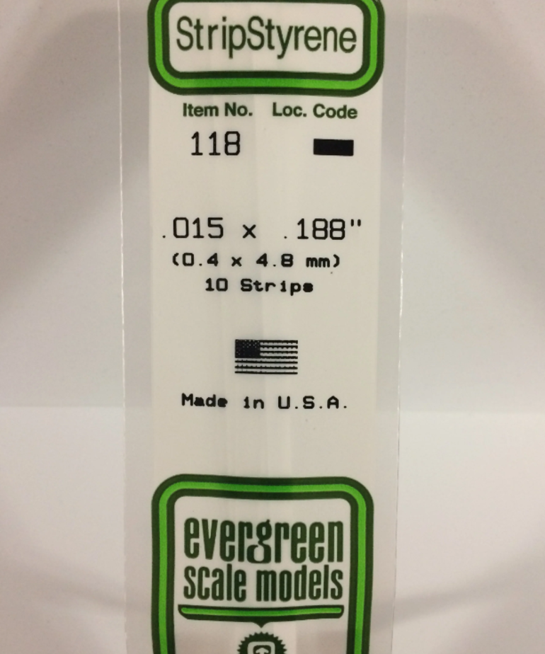 Evergreen Scale Models Evergreen 118 - .015" X .188" X 14" OPAQUE WHITE POLYSTYRENE STRIP (10) Pack