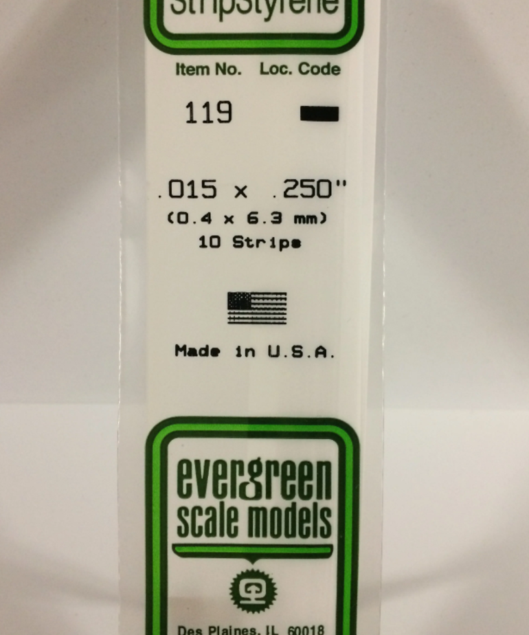 Evergreen Scale Models Evergreen 119 - .015" X .250" X 14" OPAQUE WHITE POLYSTYRENE STRIP (10) Pack