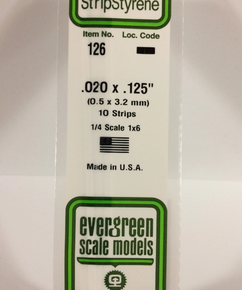 Evergreen Scale Models Evergreen 126 - .020" X .125" X 14" OPAQUE WHITE POLYSTYRENE STRIP (10) Pack
