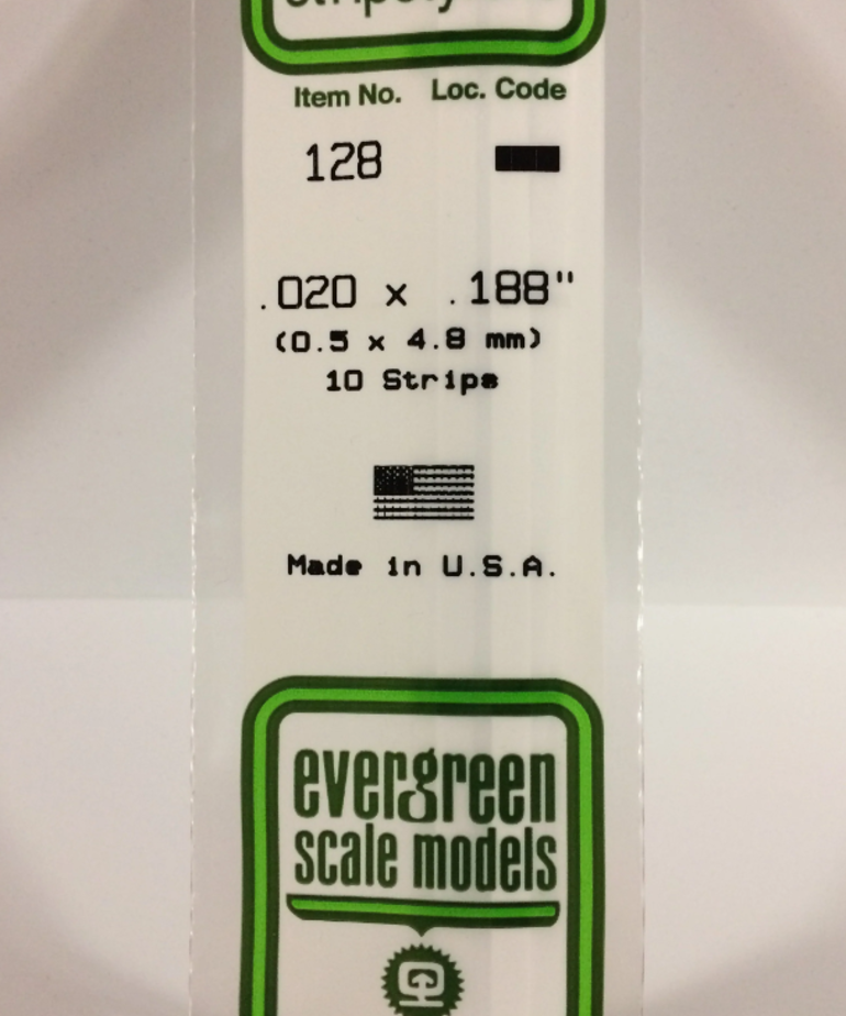 Evergreen Scale Models Evergreen 128 - .020" X .188" X 14" OPAQUE WHITE POLYSTYRENE STRIP (10) Pack