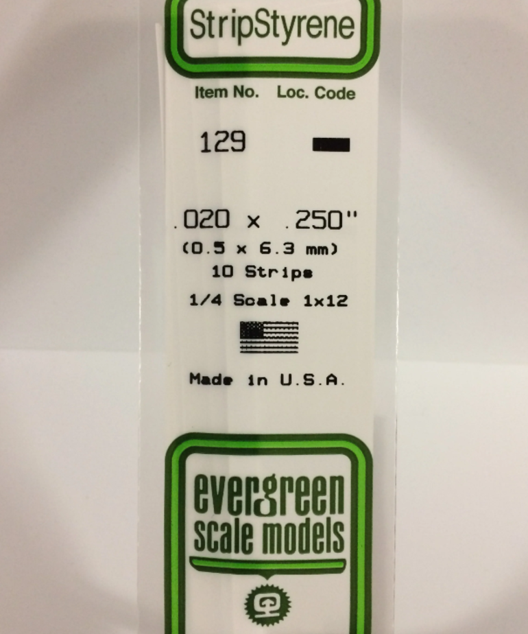 Evergreen Scale Models Evergreen 129 - .020" X .250" X 14" OPAQUE WHITE POLYSTYRENE STRIP (10) Pack