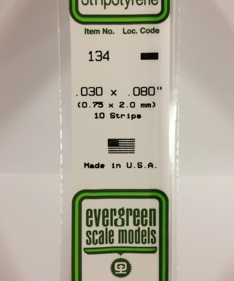 Evergreen Scale Models Evergreen 134 - .030" X .080" X 14" OPAQUE WHITE POLYSTYRENE STRIP (10) Pack