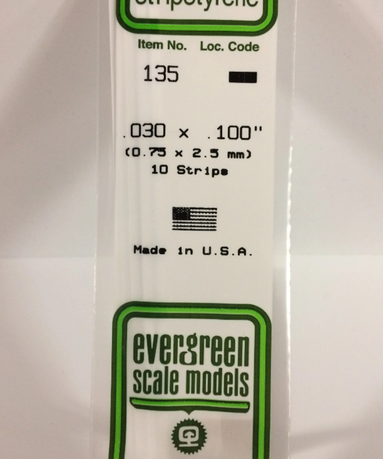 Evergreen Scale Models Evergreen 135 - .030" X .100" X 14" OPAQUE WHITE POLYSTYRENE STRIP (10) Pack