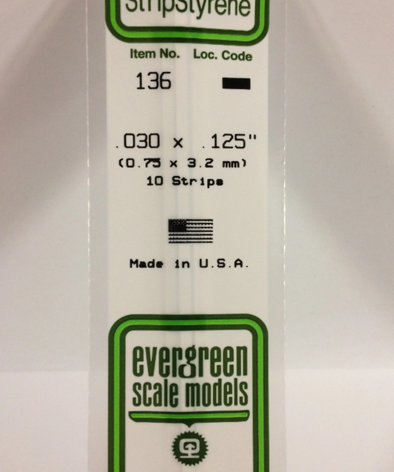 Evergreen Scale Models Evergreen 136 - .030" X .125" X 14" OPAQUE WHITE POLYSTYRENE STRIP (10) Pack