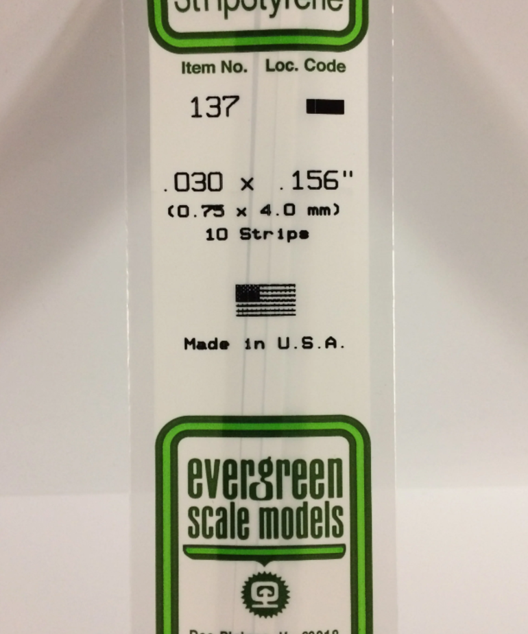 Evergreen Scale Models Evergreen 137- .030" X .156" X 14" OPAQUE WHITE POLYSTYRENE STRIP (10) Pack