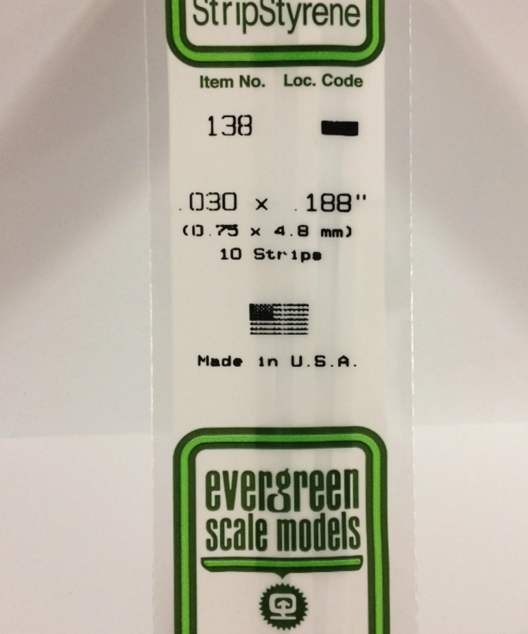 Evergreen Scale Models Evergreen 138- .030" X .188" X 14" OPAQUE WHITE POLYSTYRENE STRIP (10) Pack