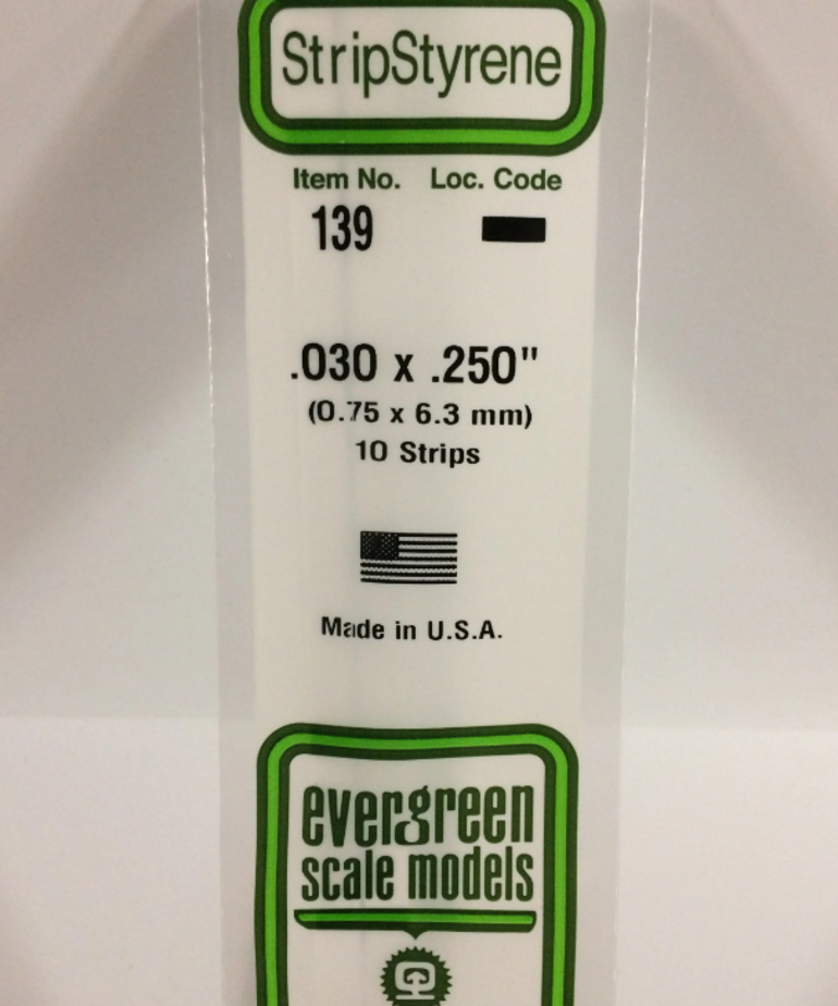 Evergreen Scale Models Evergreen 139 - .030" X .250" X 14" OPAQUE WHITE POLYSTYRENE STRIP (10) Pack