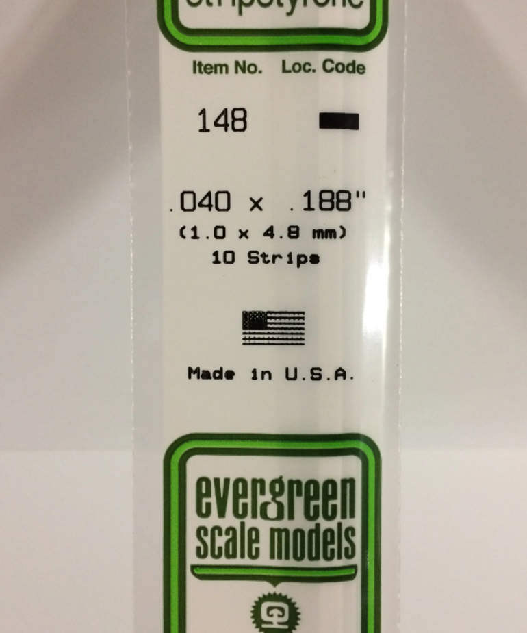 Evergreen Scale Models Evergreen 148 - .040" X .188" X 14" OPAQUE WHITE POLYSTYRENE STRIP (10) Pack
