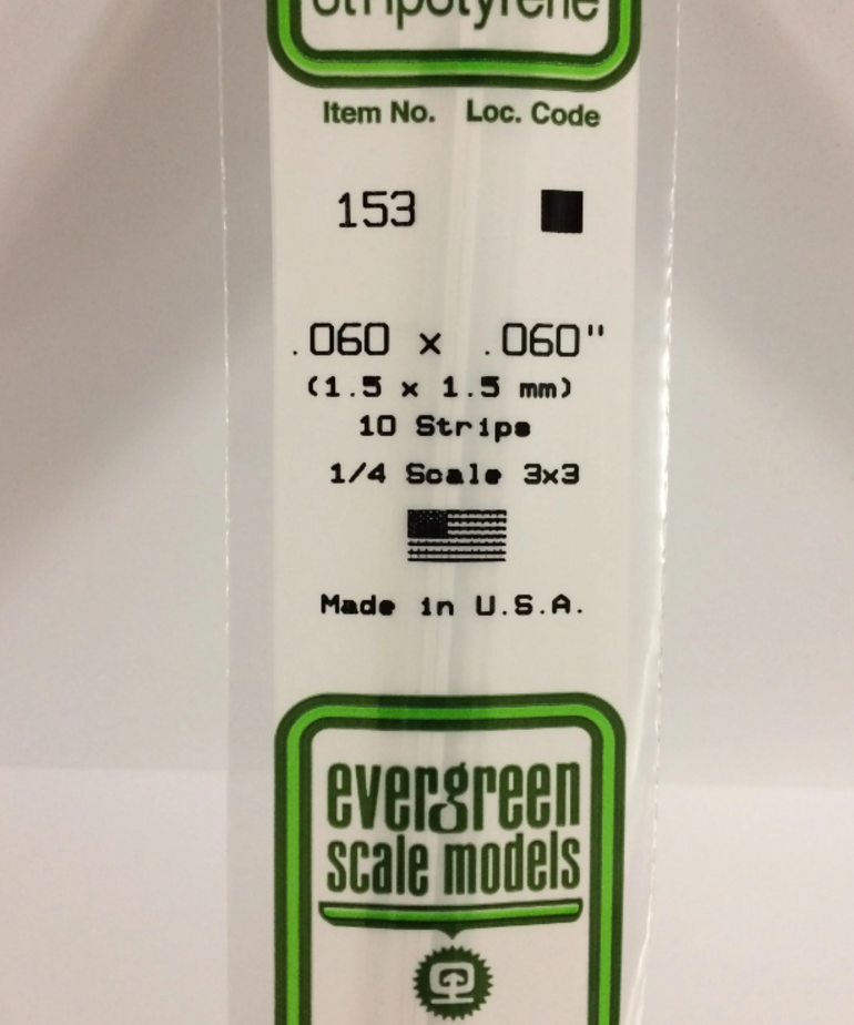 Evergreen Scale Models Evergreen 153 - .060" X .060" X 14" OPAQUE WHITE POLYSTYRENE STRIP (10) Pack