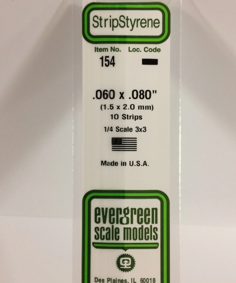 Evergreen Scale Models Evergreen 154 - .060" X .080" X 14" OPAQUE WHITE POLYSTYRENE STRIP (10) Pack