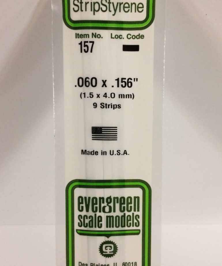 Evergreen Scale Models Evergreen 157 - .060" X .156" X 14" OPAQUE WHITE POLYSTYRENE STRIP (9) Pack
