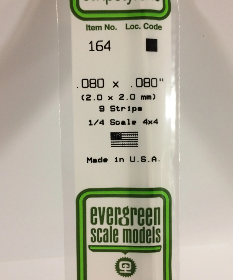 Evergreen Scale Models Evergreen 164 - .080" X .080" X 14" OPAQUE WHITE POLYSTYRENE STRIP (9) Pack