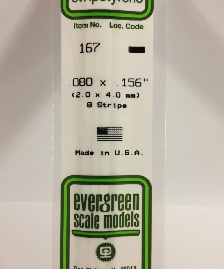 Evergreen Scale Models Evergreen 167 - .080" X .156" X 14" OPAQUE WHITE POLYSTYRENE STRIP (8) Pack