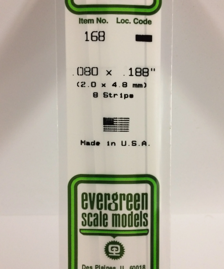 Evergreen Scale Models Evergreen 168 - .080" X .188" X 14" OPAQUE WHITE POLYSTYRENE STRIP (8) Pack