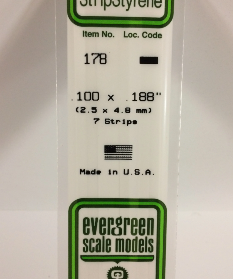 Evergreen Scale Models Evergreen 178 - .100" X .188" X 14" OPAQUE WHITE POLYSTYRENE STRIP (7) Pack