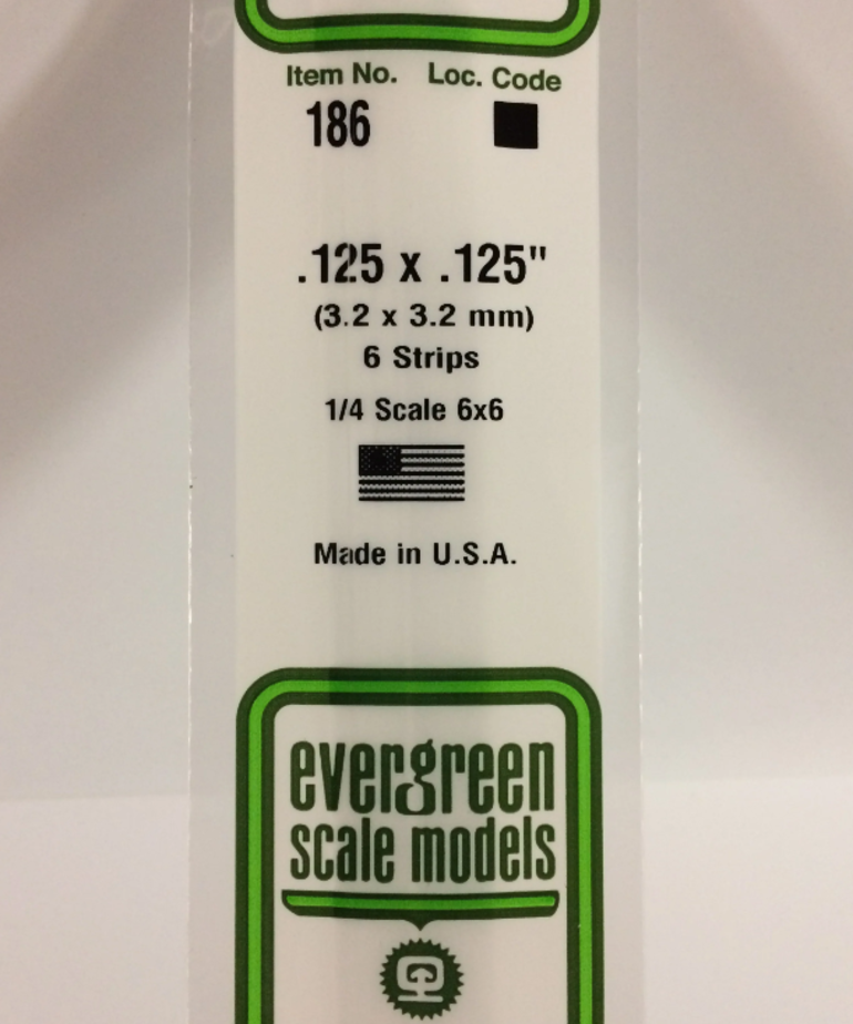 Evergreen Scale Models Evergreen 186 - .125" X .125" X 14" OPAQUE WHITE POLYSTYRENE STRIP (6) Pack
