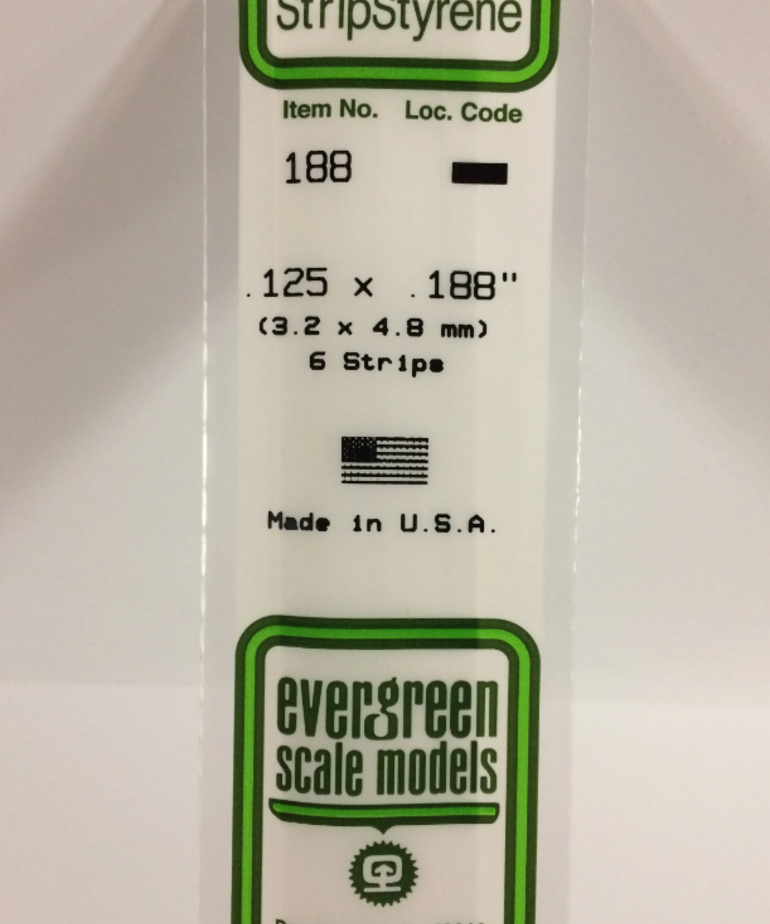 Evergreen Scale Models Evergreen 188 - .125" X .188" X 14" OPAQUE WHITE POLYSTYRENE STRIP (6) Pack