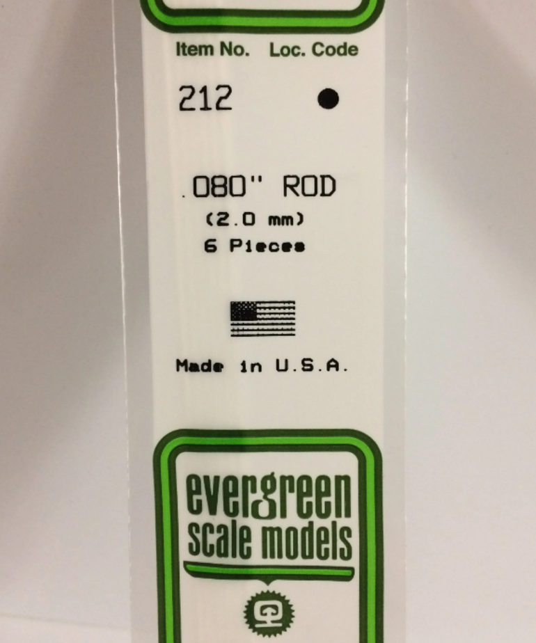 Evergreen Scale Models Evergreen 212 - .080" (2.0MM) X 14" OPAQUE WHITE POLYSTRENE ROD (6) Pack