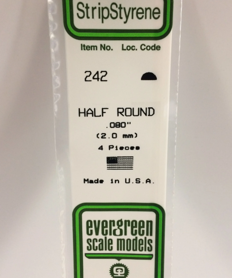 Evergreen Scale Models Evergreen 242 - .080" (2.0MM) X 14" OPAQUE WHITE POLYSTYRENE HALF ROUND (4) Pack