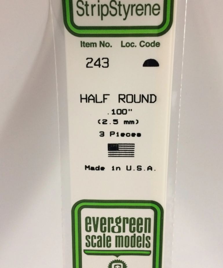 Evergreen Scale Models Evergreen 243 - .100" (2.5MM) X 14" OPAQUE WHITE POLYSTYRENE HALF ROUND (3) Pack