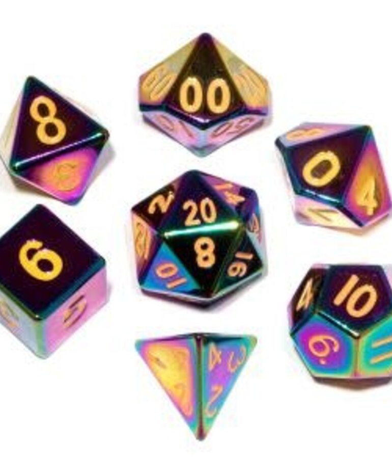 Metallic Dice Games MDG Poly Dice 16mm Metal Flame Torched Rainbow (7) Set