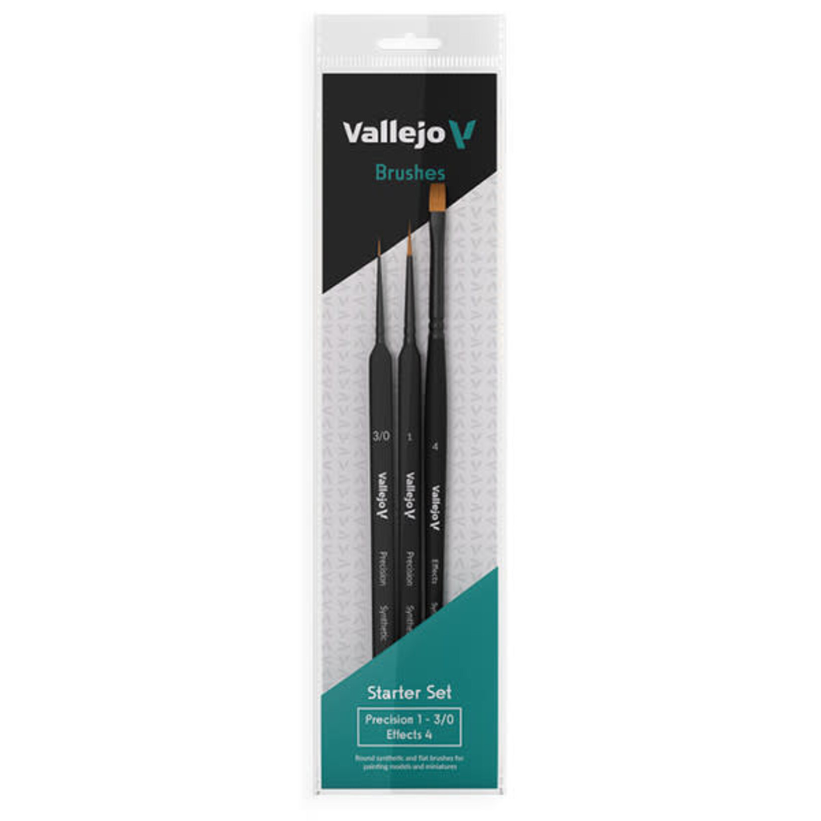 Vallejo Vallejo Brush Set: Starter (Round No.1 & 3/0 Triangular Handle, Flat No.4, synthetics)