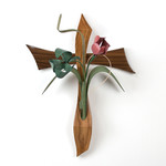 WOOD CROSS WALL VASE WITH WOOD FLOWERS
