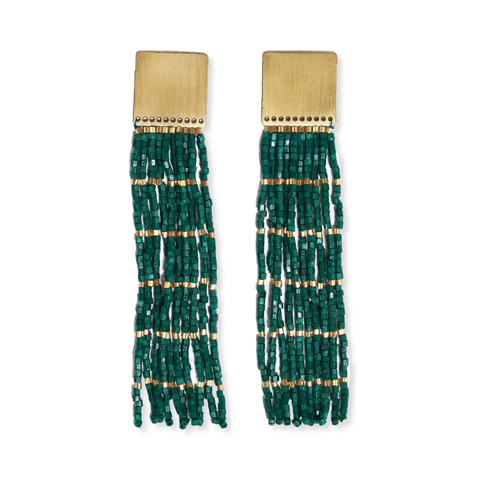 INK+ALLOY Harlow brass top solid with gold stripe beaded fringe earrings emerald