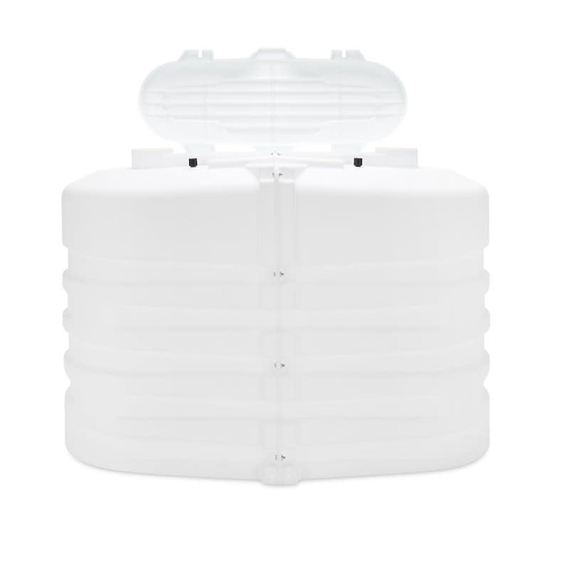Camco polar white propane tank cover for dual 20 lb tanks on a travel trailer A-frame