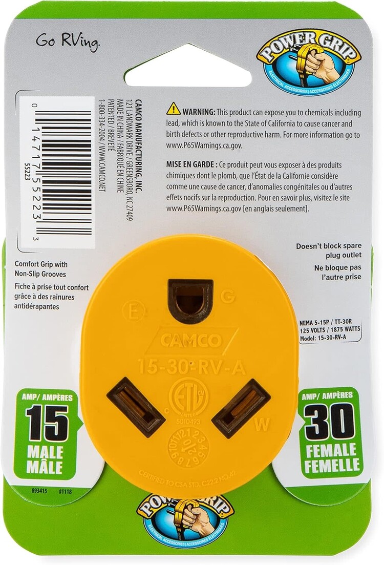 Camco 15M-30F Electrical Adapter CSA Carded