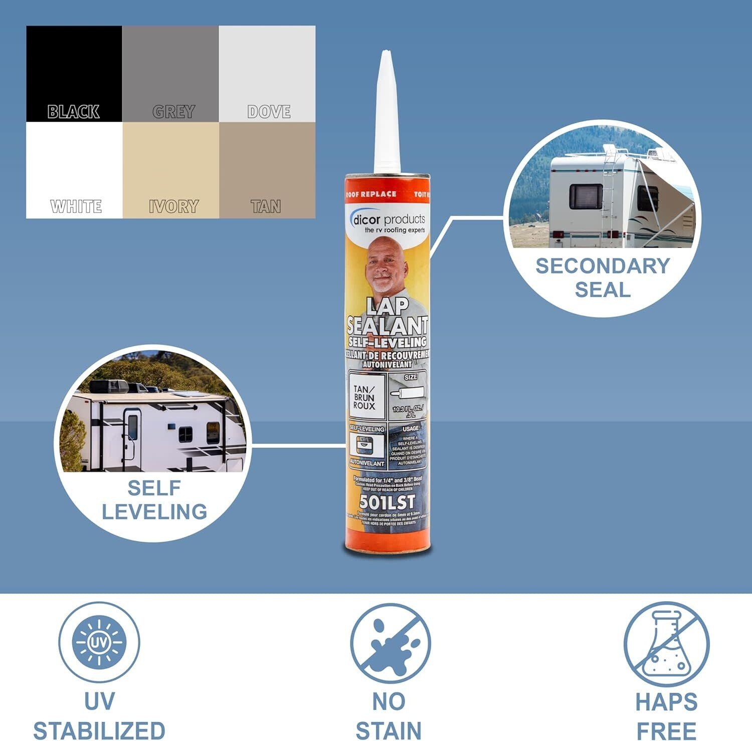 RV roof lap sealant tube with color options (black, grey, dove, white, ivory, tan) and icons for UV stabilized, no stain, and HAPS-free.