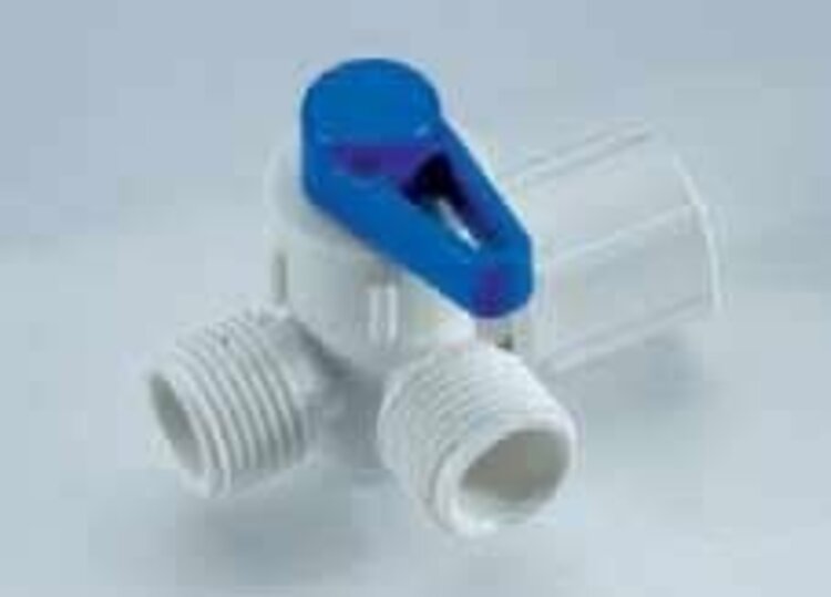 Esco Fresh Water Shut Off Valve; Flair-It ™ 1/2 Inch Compression Hex Swivel End Nut x 1/2 Inch Male Pipe Thread x 1/2 Inch Male Pipe Thread; White/ Blue Handle;