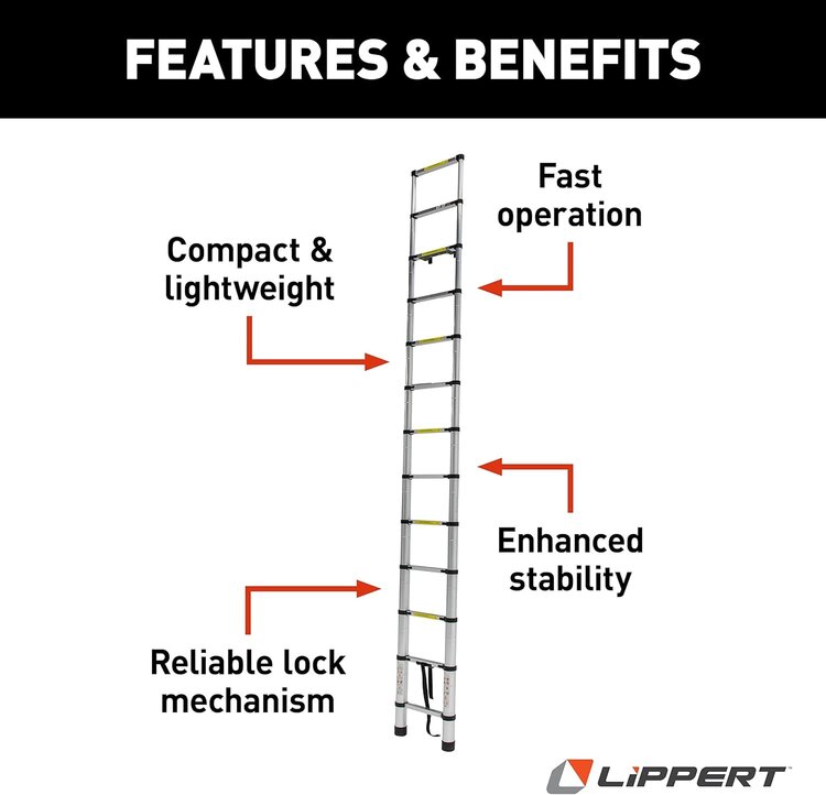 Lippert Utility Ladder; On-The-Go™; Vehicle Mounted Universal When Equipped With Ladder Receiver; Telescoping; 12 Foot 6 Inch Height