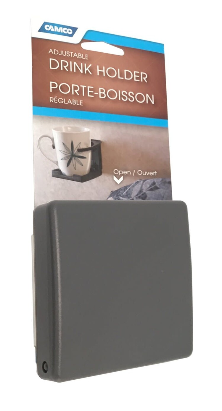 Camco Mfg., Inc. Cup Holder; Flush Mount; With Self Adhesive Mount and Screw Mount; Foldable; Gray; Plastic