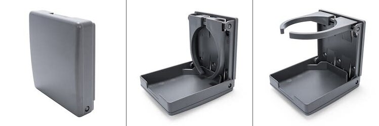 Camco Mfg., Inc. Cup Holder; Flush Mount; With Self Adhesive Mount and Screw Mount; Foldable; Gray; Plastic