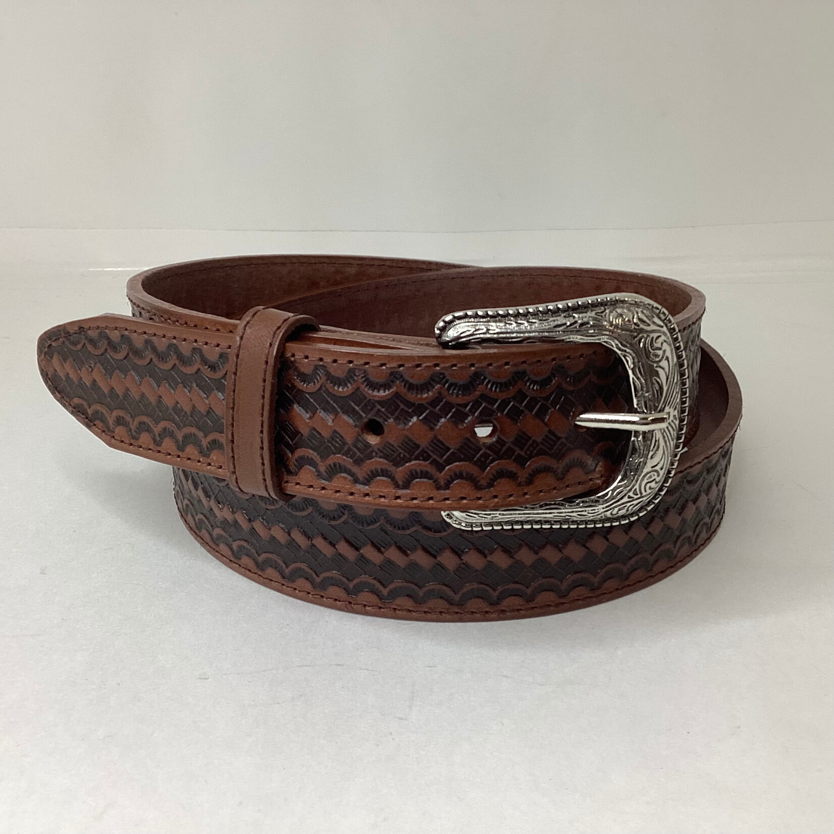 Modestone Tooled Leather Belt - Basketweave & Scalloped
