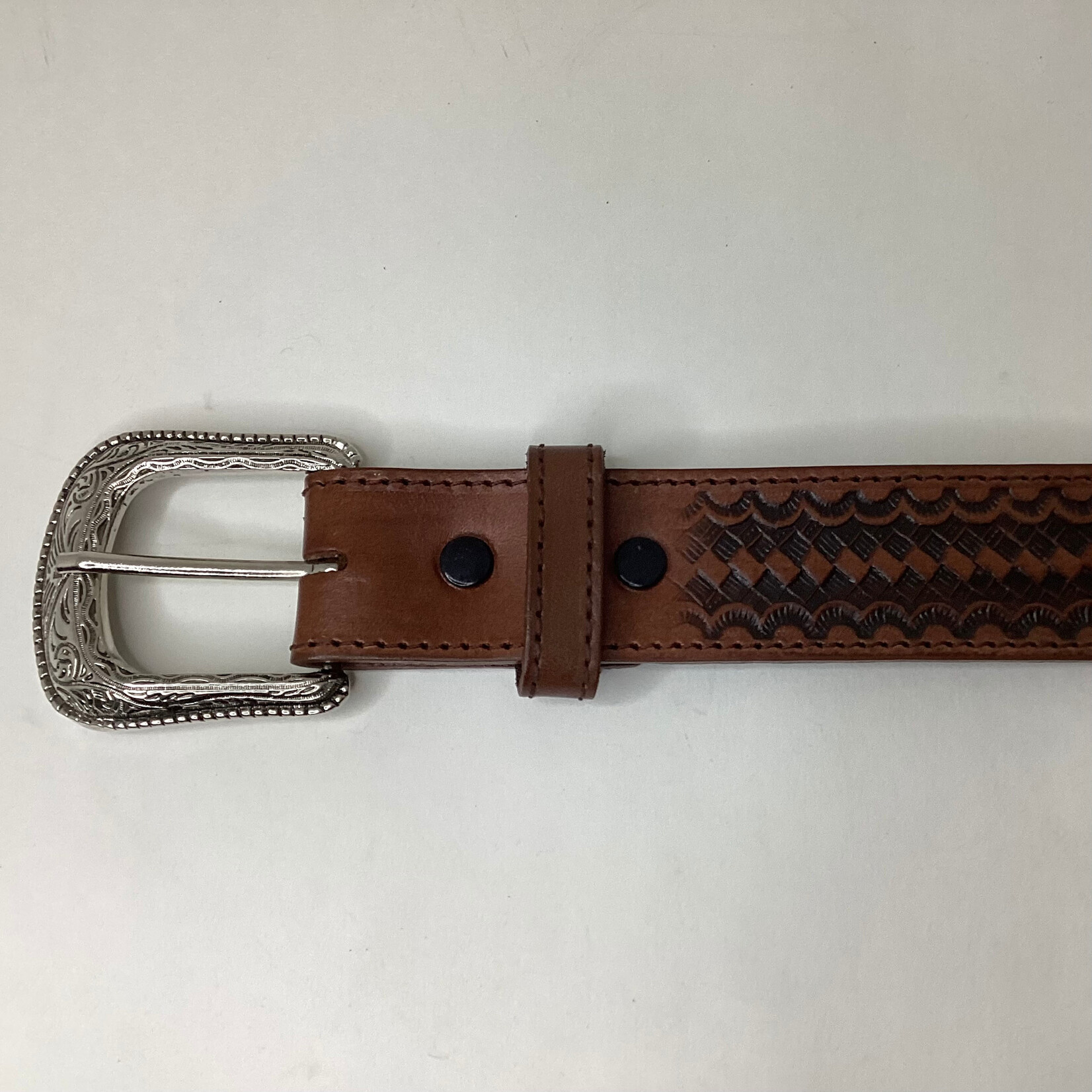 Modestone Tooled Leather Belt - Basketweave & Scalloped