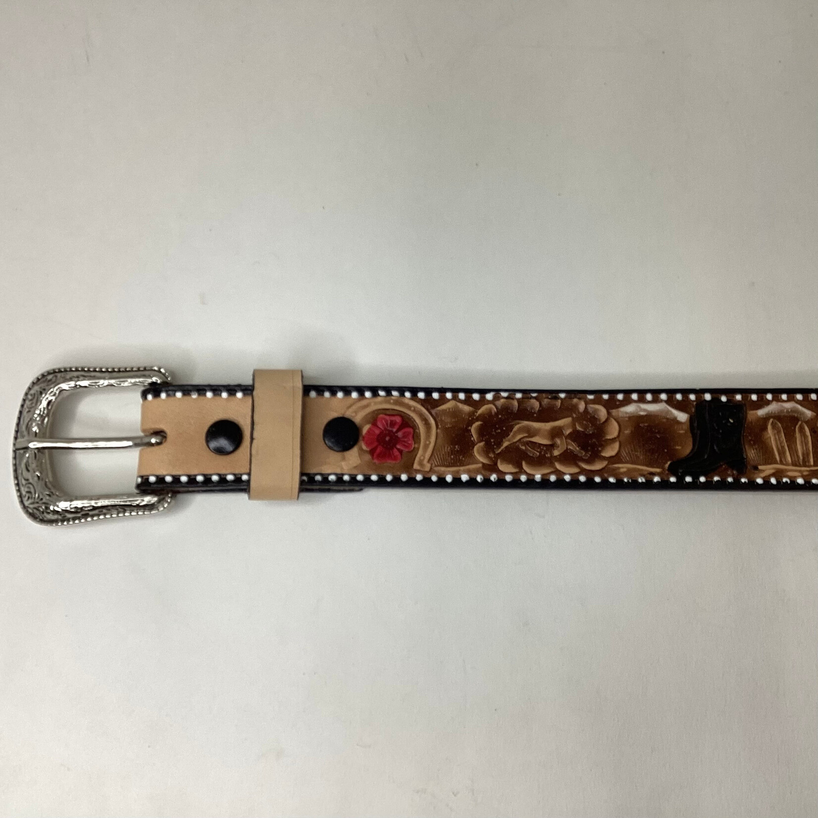 Modestone Kids Leather Belt Tooled - Horses, Boots, Cowboy Hats & Horse Shoes