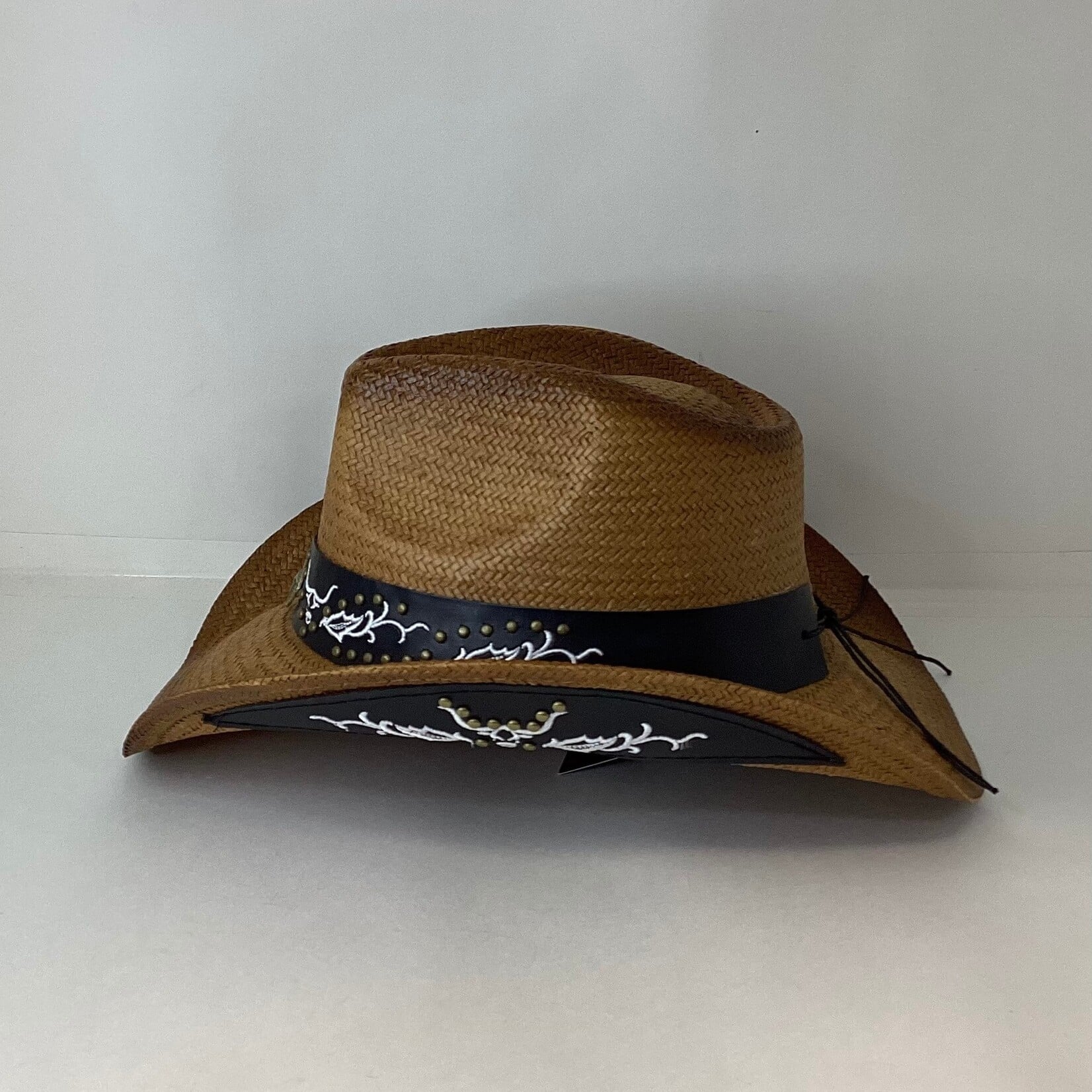 Modestone Adjustable Embroidered Straw Hat with Leather Like Hatband