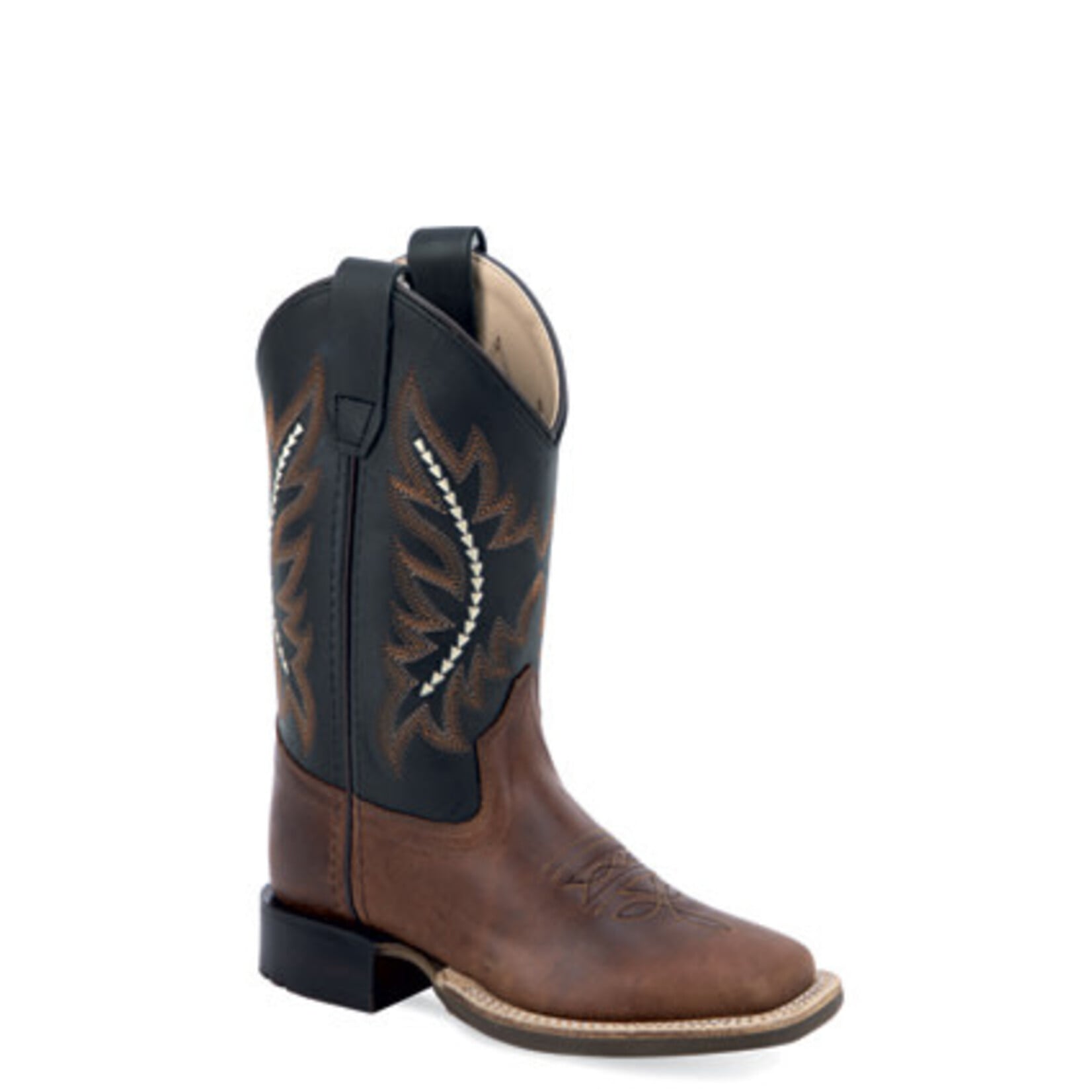 Old West BSC1990 Children's Leather Broad Square Toe Boot - Black Canyon Shaft/Crazy Horse Light Brown Foot, Size 12