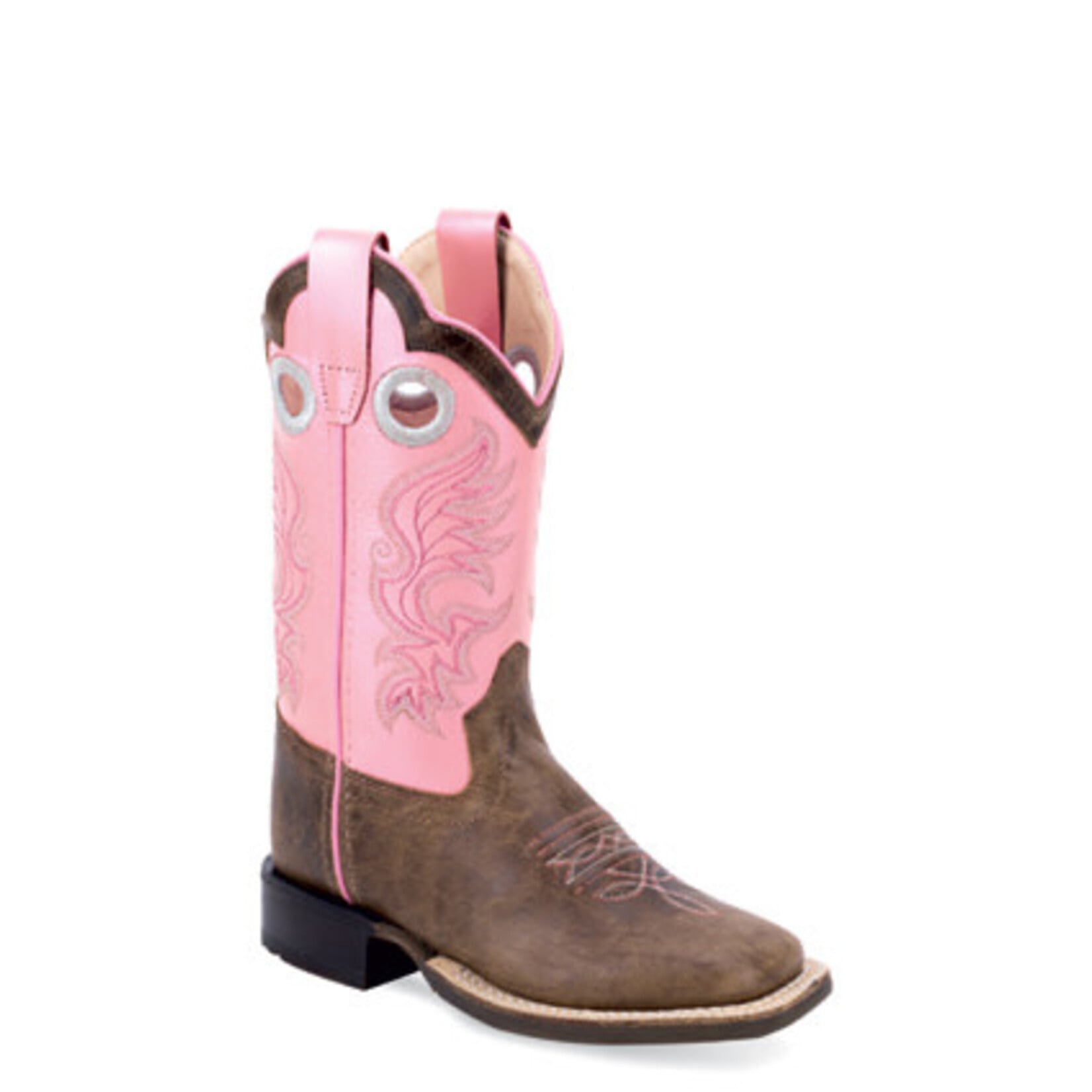 Old West BSY1991 Youth's Leather Broad Square Toe Boots - Metallic Pink Shaft/Olive Blister Foot, Size 5