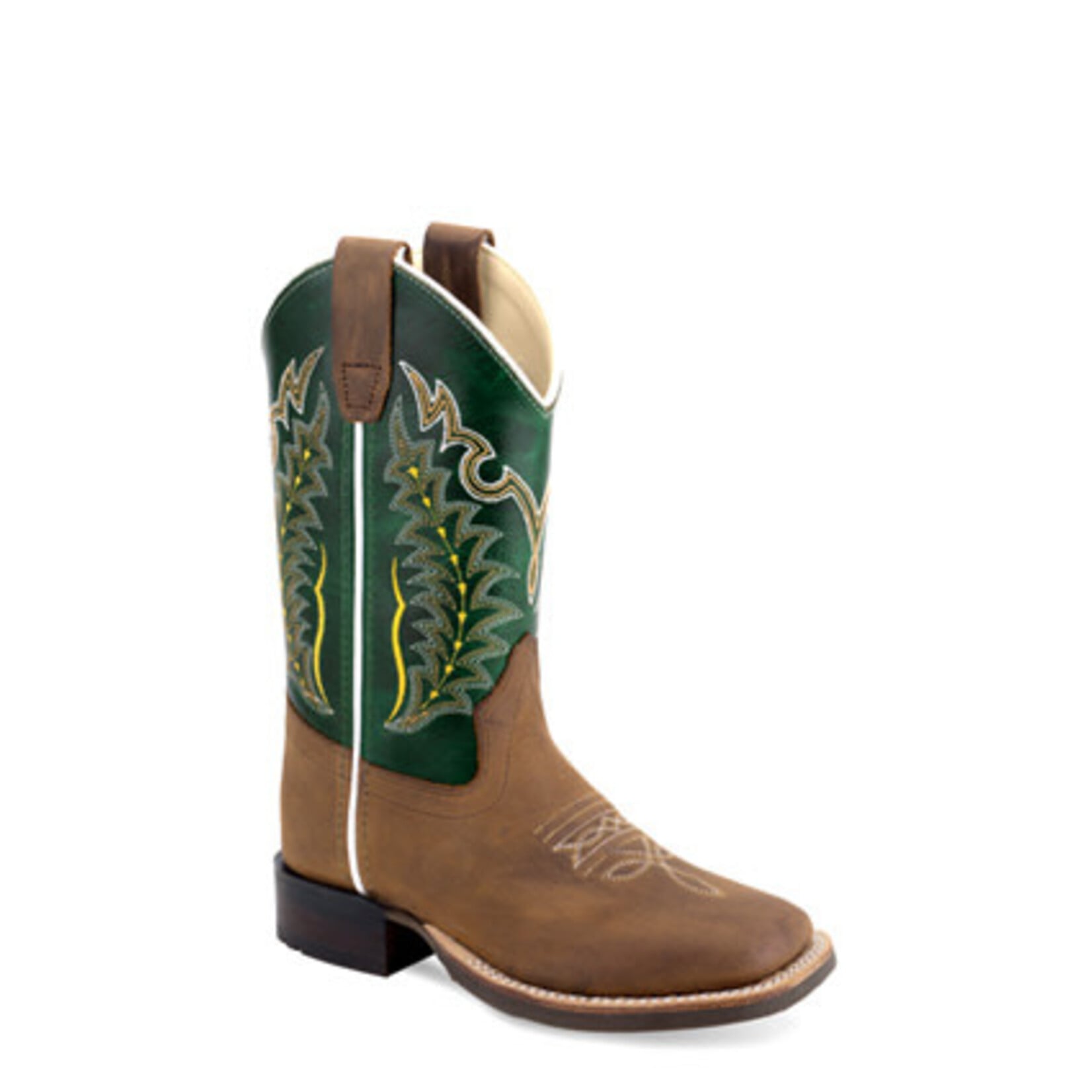 Old West BSY2003 Youth's Leather Broad Square Toe Boots - Green Waxy Shaft/Brown Foot, Size 6