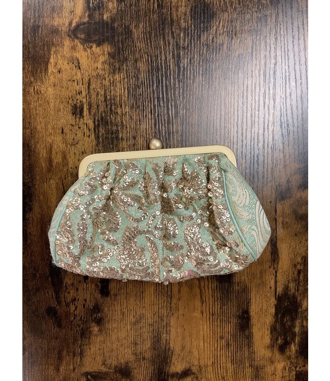 Mint and gold sequined clutch (FA24)