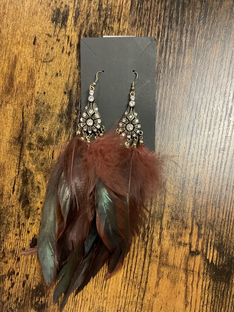W Burgundy and Iridescent Green Feather earrings