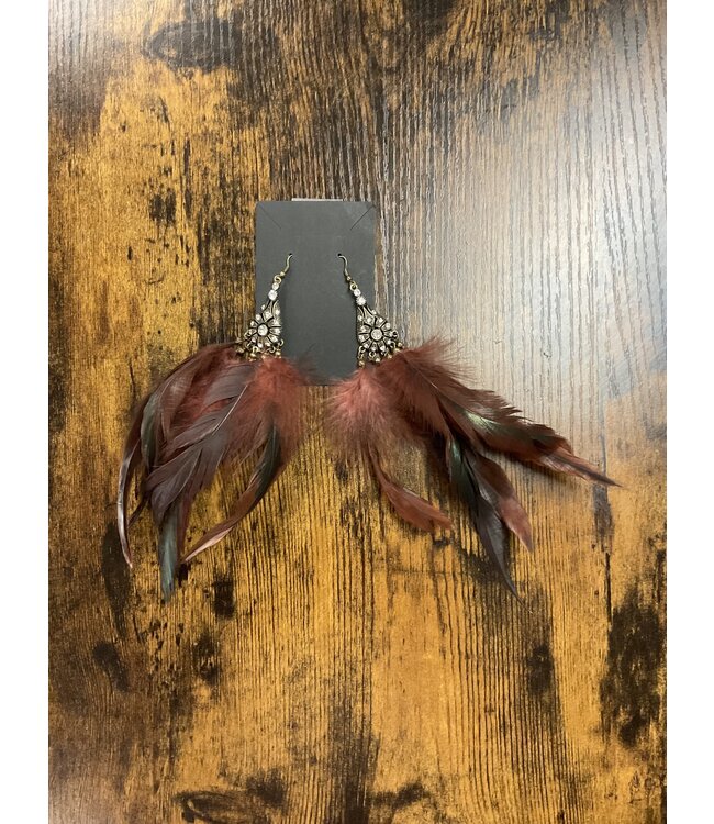 W Burgundy and Iridescent Green Feather earrings