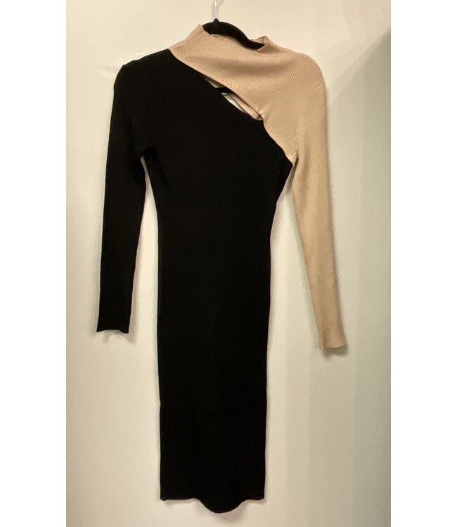 W Medium Ribbed Beige/black BodyCon dress