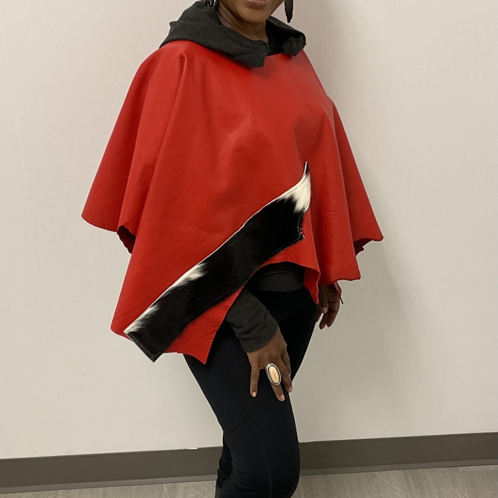 W Handmade Real Leather  Red Poncho with Cowhide accent