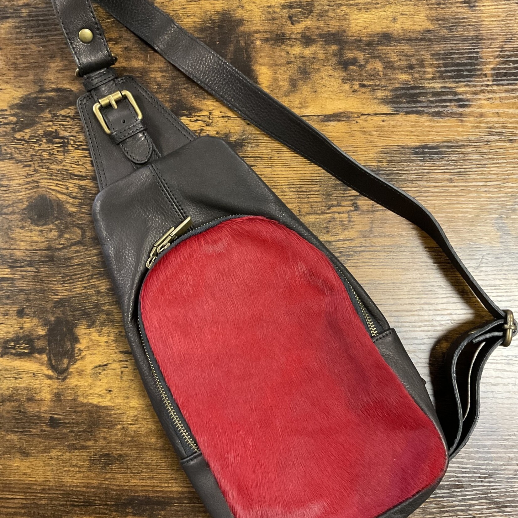 Genuine Italian Leather Red Fur Crossbody